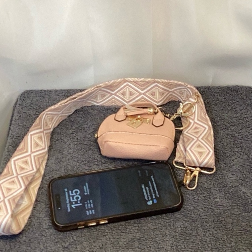 Pink & beige Strap Phone case holder with purse charm adjustable NWT - Picture 5 of 5